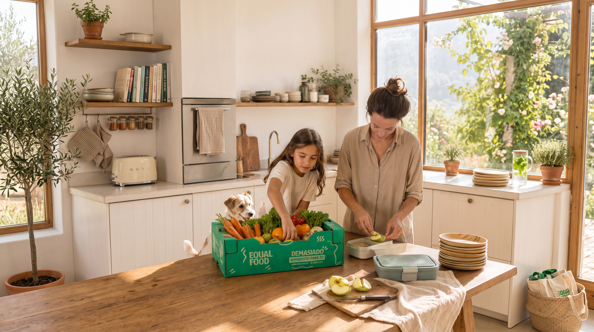 Família a desembalar um cabaz Equal Food na cozinha